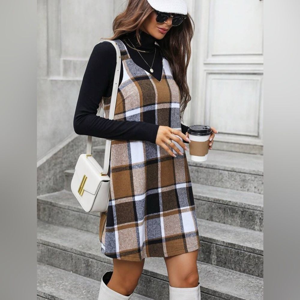 Plaid all over print black and brown sleeveless dress size small